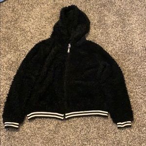 Fluffy black zip up with black/white w/ stripes